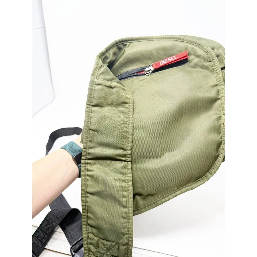 Diesel Vintage Y2K‎ Mens Crossbody Sling Bag Nylon Multi Pocket Olive Green
